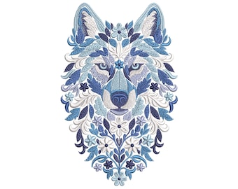 Winter Wolf Embroidery Design – Machine Embroidery Pattern PES, Floral Wolf Embroidery, Winter Embroidery, Wolf Head Wildlife Nordic Pattern