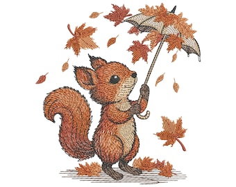 Autumn Squirrel Embroidery Design with Umbrella, Cute Autumn Squirrel Pattern PES, Fall Leaves Embroidery, Woodland Animal Design Hoop 4x4