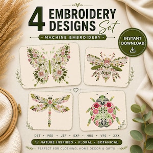 Butterfly Embroidery Design Floral, Insect Machine Embroidery File PES DST, Botanical Butterfly Pattern 4x4 Hoop Bee Dragonfly Embroidery