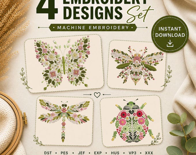 Featured listing image: Butterfly Embroidery Design Floral, Insect Machine Embroidery File PES DST, Botanical Butterfly Pattern 4x4 Hoop Instant Download