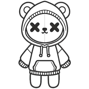 以下が含まれることがあります： 目元にXのマークがついたフード付きパーカーを着たクマの白黒の線画です。