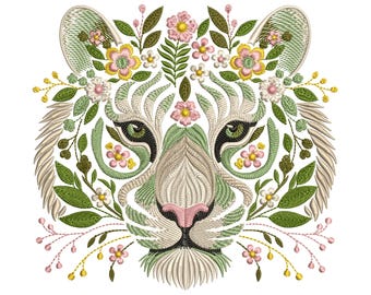 Floral Tiger Embroidery Design – Machine Embroidery, Jungle Tiger with Leaves Flowers, Instant Download for Apparel & Decor