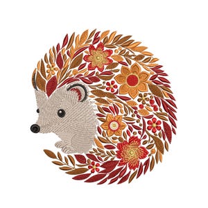 Motif de broderie hérisson d'automne – Design automnal saisonnier – Animal mignon avec feuilles et fleurs, broderie hérisson, broderie d'automne