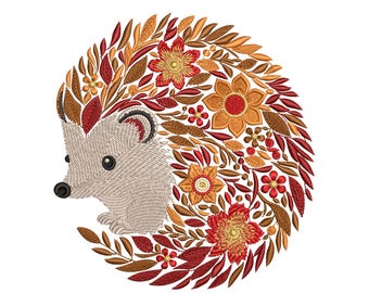 Fall Hedgehog Embroidery Pattern – Seasonal Autumn Design – Cute Animal with Leaves & Flowers, Hedgehog Embroidery Design, Autumn Embroidery