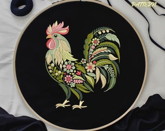 Floral Rooster Hand Embroidery Pattern – Digital PDF for DIY Needlework, Outline & Backstitch Embroidery, Instant Download