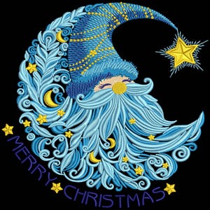 May include: Blue and gold embroidered design of a Santa Claus with a beard and a star on a crescent moon. The design includes the text "Merry Christmas".