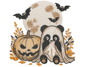 Halloween Panda Embroidery Design, Jack-O-Lantern Pumpkin & Bats, Panda in Ghost Costume Embroidery, Spooky Kawaii Machine File, Panda PES