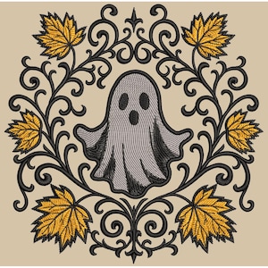 May include: Embroidered design featuring a gray ghost with black eyes and a flowing sheet. The ghost is centered within a black, ornate frame with yellow maple leaves. The background is a light tan color.