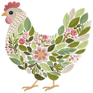 Könnte beinhalten: Stickerei mit einem weißen Huhn mit rosa Akzenten, umgeben von grünen Blättern und rosa Blüten.