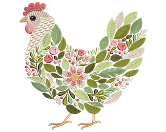 Floral Chicken Machine Embroidery Design – Country Farmhouse Hen Rustic Barnyard Digital Download for Home & Apparel, Chicken Pattern, PES