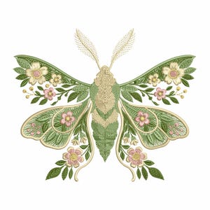 Puede incluir: Diseño bordado de una polilla con detalles florales. El cuerpo de la polilla es beige, con alas verdes y detalles florales en rosa y crema. Las alas están adornadas con hojas y flores, creando un diseño inspirado en la naturaleza.