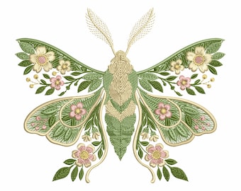 Embroidery Moon Moth with flowers, Nature insect design in 6 sizes, Luna Moth Flower Embroidery Design, Moth Pattern PES, Insect Embroidery