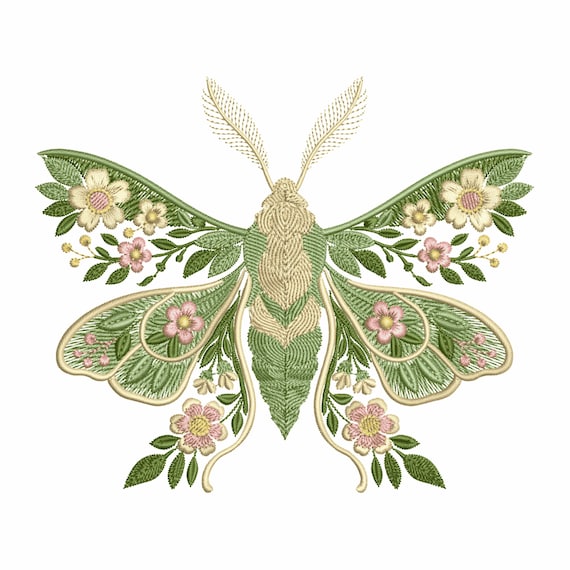 Embroidery Moon Moth with flowers, Nature insect design in 6 sizes, Luna Moth Flower Embroidery Design, Moth Pattern PES, Insect Embroidery