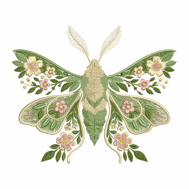 Embroidery Moon Moth with flowers, Nature insect design in 6 sizes, Luna Moth Flower Embroidery Design, Moth Pattern PES, Insect Embroidery