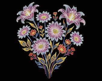 Floral Heart Embroidery Design, Valentine Machine Embroidery, Romantic Flower Heart for Love, Wedding & Gifts, Neon Flower Heart PES DST JEF