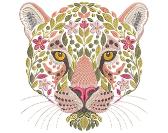 Floral Jaguar Machine Embroidery Design, Wild Big Cat Leaf Embroidery Pattern PES, Nature Animal Embroidery, Jungle Embroidery File DST JEF