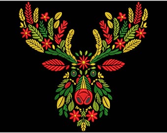 Christmas Folk Floral Deer Machine Embroidery Design, Christmas Reindeer Pattern PES, Unique Xmas Stag Embroidery, Festive Embroidery File