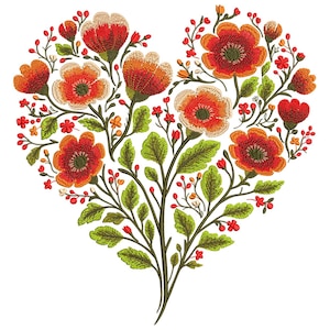 Machineborduurontwerp met bloemenhart PES, borduurpatroon romantische Valentijnsdag en bruiloft, bloemenborduurwerk, borduurwerk klaproosbloemen