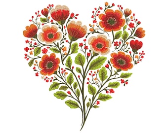 Floral Heart Machine Embroidery Design, Romantic Valentine’s & Wedding Embroidery Pattern, Floral Embroidery, Poppy Flowers Embroidery
