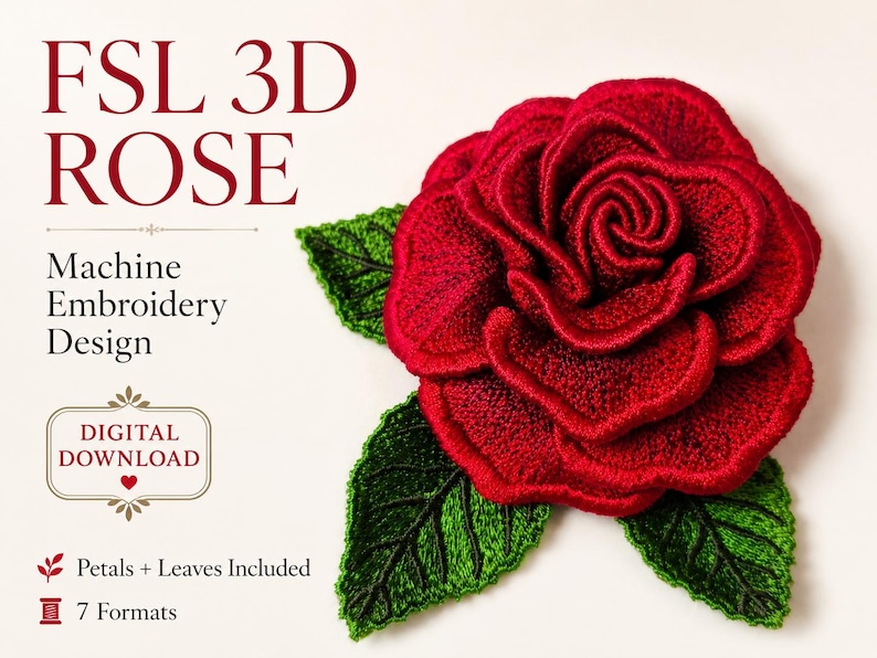 FSL 3D Rose Embroidery Design, Freestanding Lace Flower Machine Files