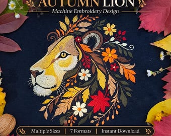 Autumn Lion Machine Embroidery Design, Floral Lion Head Embroidery Pattern, Fall Leaves Animal Embroidery File, Boho Woodland Embroidery PES