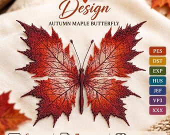 Autumn Maple Butterfly Machine Embroidery Design, Fall Leaf Machine Embroidery Thanksgiving Halloween Pattern Digital File, Insect PES DST