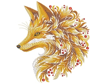 Golden Autumn Fox — Ornamental Machine Embroidery Design PES, Fall Fox Embroidery, Autumn Animal Machine Embroidery Pattern, Floral Fox PES