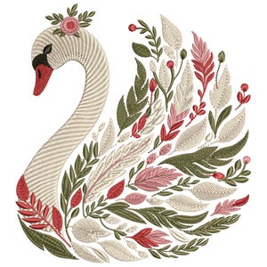 May include: An embroidered design of a swan with a floral crown and a beak. The swan's body is cream-colored with a striped pattern. The swan's wings are composed of green, red, and pink leaves and floral elements. The design is on a white background.