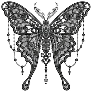 May include: A detailed black butterfly design with intricate lace-like patterns. The butterfly features delicate bead-like strands hanging from the wings and a detailed body. The design is set against a plain white background.