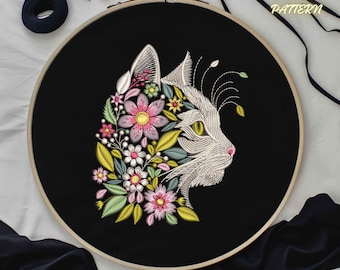Cat with Floral Embroidery Pattern – Digital PDF for DIY Needlework, Instant Download, Cat Hand Embroidery Pattern, Embroidery Hoop Art
