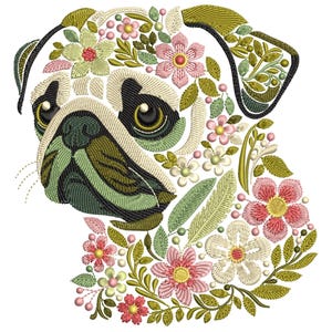 May include: Embroidered design of a pug dog's head with floral details. The pug is surrounded by green leaves and pink, white, and yellow flowers.