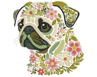 Floral Pug Dog Embroidery Design, Dog Machine Embroidery File Cute Pug Face Pattern, Dog Lover Gift Idea, Animal Embroidery, Pets Embroidery
