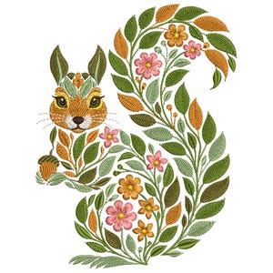 Leafy Squirrel Machine Embroidery Design: Floral Autumn Acorn Pattern (PES, DST, EXP & More)