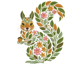 Leafy Squirrel Machine Embroidery Design - Floral and Botanical Embroidery, Autumn Squirrel with Acorn Embroidery Pattern for Fall Decor PES