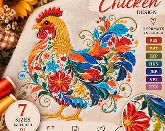Floral Chicken Machine Embroidery Design, Colorful Folk Art Hen Embroidery File, 7 Sizes Download Farm Chicken PES DST JEF