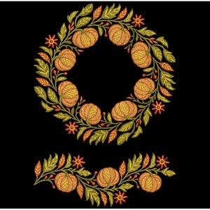 May include: An embroidered design featuring a wreath and a border of pumpkins, leaves, and small flowers in shades of orange, yellow, and green. The design is set against a black background, creating a striking contrast.