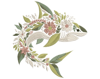 Floral Shark Embroidery Design – Elegant Fish Machine Embroidery Pattern, Embroidery For Fishermen, Ocean Embroidery, Summer Embroidery PES