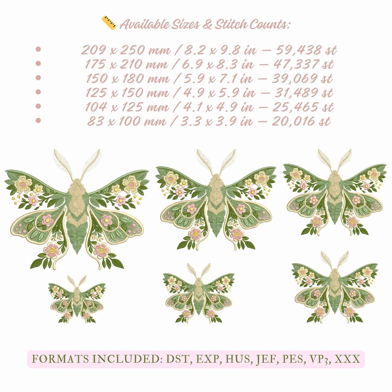 Embroidery Moon Moth with flowers, Nature insect design in 6 sizes, Luna Moth Flower Embroidery Design, Moth Pattern PES, Insect Embroidery