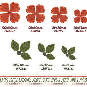 Production worksheet for 100x100 mm FSL rose leaf embroidery file with green leaf details and stitch count