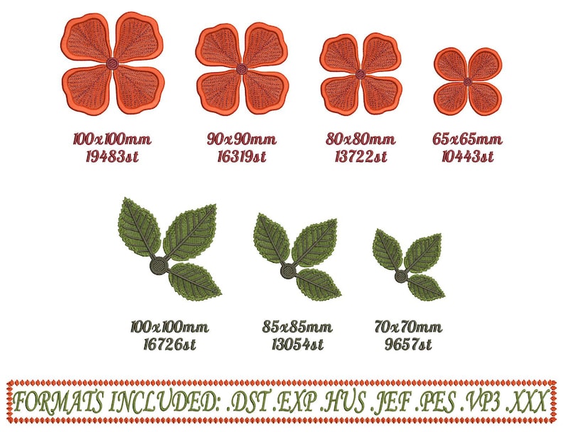 Production worksheet for 100x100 mm FSL rose leaf embroidery file with green leaf details and stitch count