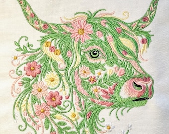 Floral Highland Cow Embroidery Design - Unique Highland Cow Machine Embroidery for Creative Projects, Instant Download PES DST 4x4 Hoop