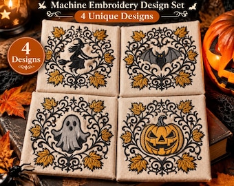 Halloween Embroidery Design Set – 4 Unique Halloween Themed Designs for Machine Embroidery, Pumpkin Ghost Bat Witch Embroidery Pattern PES