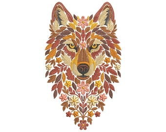 Autumn Wolf Machine Embroidery Design — Floral & Leaf Wolf Head, Autumn Floral Animal Pattern PES, Wolf Pattern Embroidery PES, Fall Leaves