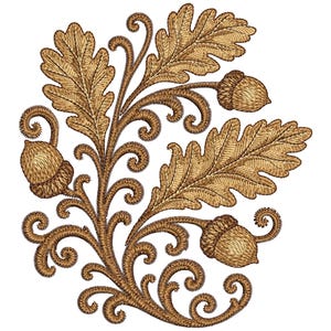 May include: An embroidered design of oak leaves and acorns in shades of brown. The design features detailed swirls and textures, creating a classic, nature-inspired motif. Ideal for fabric embellishment or embroidery projects.