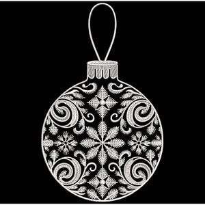 May include: White Christmas bauble with detailed floral and snowflake patterns against a black backdrop. The ornament features a hanging loop and is decorated with swirling designs and star-shaped details, ideal for festive decorations.