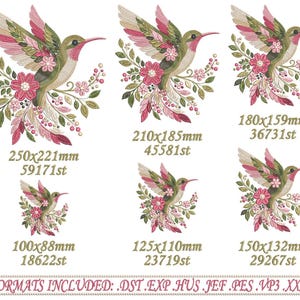 Floral hummingbird machine embroidery design with pink flowers, green leaves, cream feathers and botanical branches.