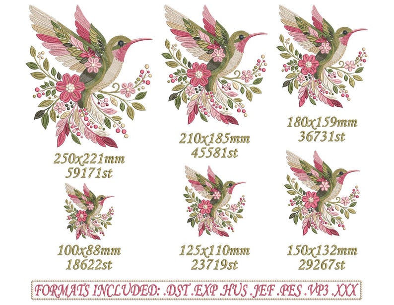 Floral hummingbird machine embroidery design with pink flowers, green leaves, cream feathers and botanical branches.