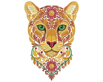 Autumn Cougar Machine Embroidery Design, Flower Puma Embroidery Pattern PES, Majestic Wild Cat Embroidery Design, Fall Embroidery PES DST