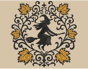 Halloween Embroidery Design Autumn Witch, Flying Witch With Autumn Leaves, Machine Embroidery For Halloween Decor, Witch Embroidery PES DST