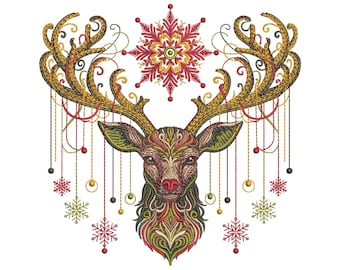 Christmas Deer Embroidery Design, Winter Reindeer Embroidery Pattern, Royal Stag Embroidery, Majestic Stag Antlers Ornamen, Deer Art Nouveau